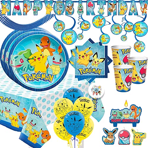 Mega Classic Pokemon Birthday Party Supplies Pack for 16 with Pokemon Plates, Cups, Napkins, Table Cover, Birthday Candles, Add An Age Banner, Swirls, Balloons, Blue Garland and Pin von Pokémon