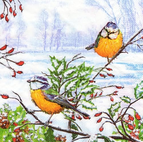 20 Servietten Vögel im Schnee, Servietten Vögel, Tiere, winterliche Tischdeko, Party, Vogelliebhaber, 33x33cm von Pol-Mak