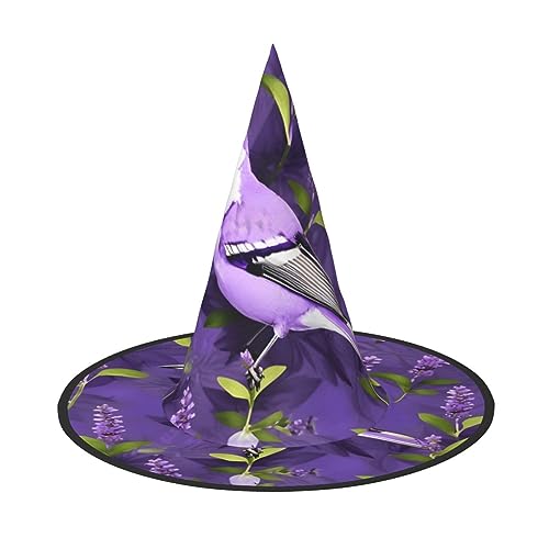 PoltEdaro Hut, Motiv: Vogel in violettem Lavendel, Blumendruck, leichter Halloween-Hut, Hexenhut für Partys und Kostüme, Halloween-Zubehör von PoltEdaro