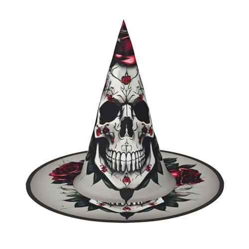 PoltEdaro Roter Rosen-Totenkopf-Druck, leichter Halloween-Hut, Hexenhut für Partys und Kostüme, Halloween-Zubehör von PoltEdaro