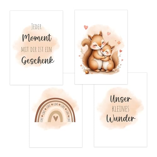 4er Set Baby DIN A3 Bilder Eichhörnchen, Regenbogen und Sprüchen, Poster mit Tiermotiv für Babyzimmer, 200g/m² Papier, Kinderzimmer Wanddeko, Bilderrahmen, Dekoration für Jungen & Mädchen, Sand von Polymedia