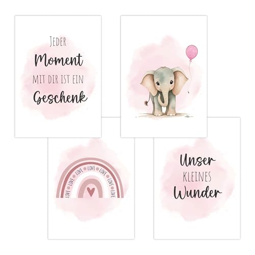 4er Set Baby DIN A3 Bilder mit Elefant, Regenbogen und Sprüchen, Poster mit Tiermotiv für Babyzimmer, 200g/m² Papier, Kinderzimmer Wanddeko, für Bilderrahmen, Dekoration für Jungen & Mädchen, Rosa von Polymedia