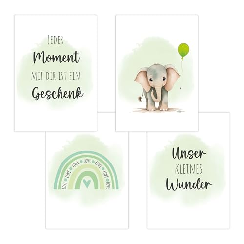 4er Set Baby DIN A3 Bilder mit Elefant, Regenbogen und Sprüchen, Poster mit Tiermotiv für Babyzimmer, 200g/m² Papier, Kinderzimmer Wanddeko, für Bilderrahmen, Dekoration für Jungen & Mädchen, Grün von Polymedia