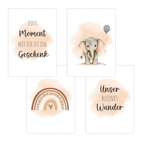 4er Set Baby DIN A3 Bilder mit Elefant, Regenbogen und Sprüchen, Poster mit Tiermotiv für Babyzimmer, 200g/m² Papier, Kinderzimmer Wanddeko, für Bilderrahmen, Dekoration für Jungen & Mädchen, Beige von Polymedia