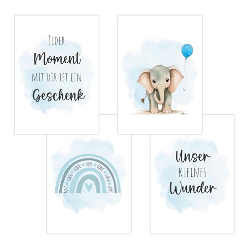 4er Set Baby DIN A3 Bilder mit Elefant, Regenbogen und Sprüchen, Poster mit Tiermotiv für Babyzimmer, 200g/m² Papier, Kinderzimmer Wanddeko, für Bilderrahmen, Dekoration für Jungen & Mädchen, Hellblau von Polymedia