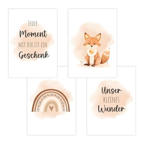 4er Set Baby DIN A3 Bilder mit Fuchs, Regenbogen und Sprüchen, Poster mit Tiermotiv für Babyzimmer, 200g/m² Papier, Kinderzimmer Wanddeko, für Bilderrahmen, Dekoration für Jungen & Mädchen, Beige von Polymedia