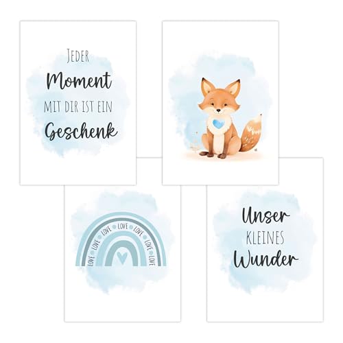 4er Set Baby DIN A3 Bilder mit Fuchs, Regenbogen und Sprüchen, Poster mit Tiermotiv für Babyzimmer, 200g/m² Papier, Kinderzimmer Wanddeko, für Bilderrahmen, Dekoration für Jungen & Mädchen, Hellblau von Polymedia