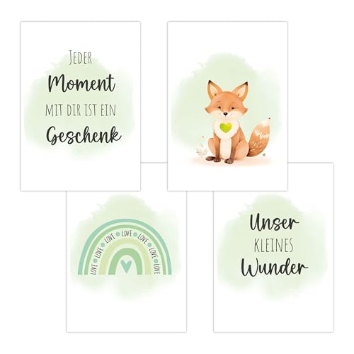 4er Set Baby DIN A3 Bilder mit Fuchs, Regenbogen und Sprüchen, Poster mit Tiermotiv für Babyzimmer, 200g/m² Papier, Kinderzimmer Wanddeko, für Bilderrahmen, Dekoration für Jungen & Mädchen, Grün von Polymedia