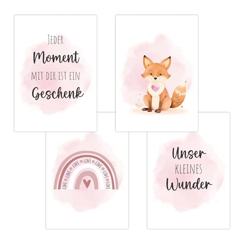 4er Set Baby DIN A3 Bilder mit Fuchs, Regenbogen und Sprüchen, Poster mit Tiermotiv für Babyzimmer, 200g/m² Papier, Kinderzimmer Wanddeko, für Bilderrahmen, Dekoration für Jungen & Mädchen, Rosa von Polymedia