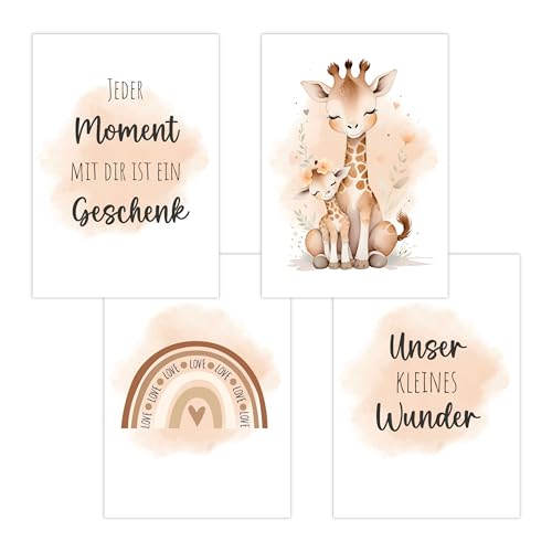 4er Set Baby DIN A3 Bilder mit Giraffe, Regenbogen und Sprüchen, Poster mit Tiermotiv für Babyzimmer, 200g/m² Papier, Kinderzimmer Wanddeko, für Bilderrahmen, Dekoration für Jungen & Mädchen, Beige von Polymedia