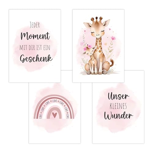 4er Set Baby DIN A3 Bilder mit Giraffe, Regenbogen und Sprüchen, Poster mit Tiermotiv für Babyzimmer, 200g/m² Papier, Kinderzimmer Wanddeko, für Bilderrahmen, Dekoration für Jungen & Mädchen, Rosa von Polymedia