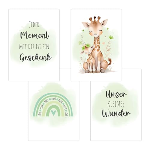 4er Set Baby DIN A3 Bilder mit Giraffe, Regenbogen und Sprüchen, Poster mit Tiermotiv für Babyzimmer, 200g/m² Papier, Kinderzimmer Wanddeko, für Bilderrahmen, Dekoration für Jungen & Mädchen, Grün von Polymedia