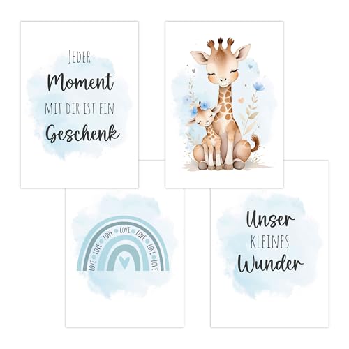 4er Set Baby DIN A4 Bilder mit Giraffe, Regenbogen und Sprüchen, Poster mit Tiermotiv für Babyzimmer, 200g/m² Papier, Kinderzimmer Wanddeko, für Bilderrahmen, Dekoration für Jungen & Mädchen, Hellblau von Polymedia