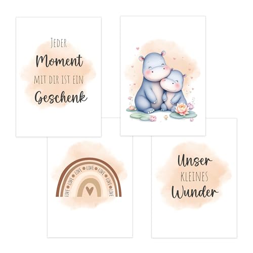 4er Set Baby DIN A4 Bilder mit Hippo, Regenbogen und Sprüchen, Poster mit Tiermotiv für Babyzimmer, 200g/m² Papier, Kinderzimmer Wanddeko, für Bilderrahmen, Dekoration für Jungen & Mädchen, Sand von Polymedia