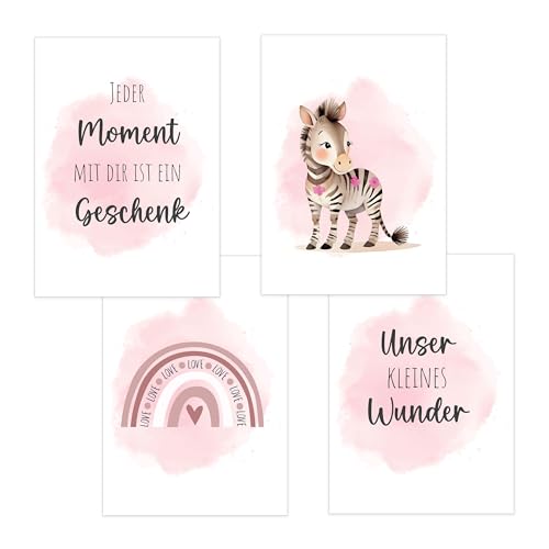 4er Set Baby DIN A4 Bilder mit Zebra, Regenbogen und Sprüchen, Poster mit Tiermotiv für Babyzimmer, 200g/m² Papier, Kinderzimmer Wanddeko, für Bilderrahmen, Dekoration für Jungen & Mädchen, Rosa von Polymedia