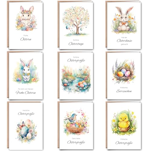 Glückwunschkarten Set Ostern mit Umschlägen DIN A6 – 9 Hochwertige Karten mit Sprüchen & Designs – Klappkarten Perfekt für Freunde, Familie & Kollegen von Polymedia