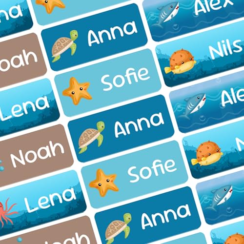 Polymedia Personalisierte Namensaufkleber für Kinder 120 Stück – Unterwasserwelt-Design – Wasserfest & Spülmaschinenfest – Perfekt für Schule, Kita & Freizeit – Individuelle Sticker mit Namen von Polymedia