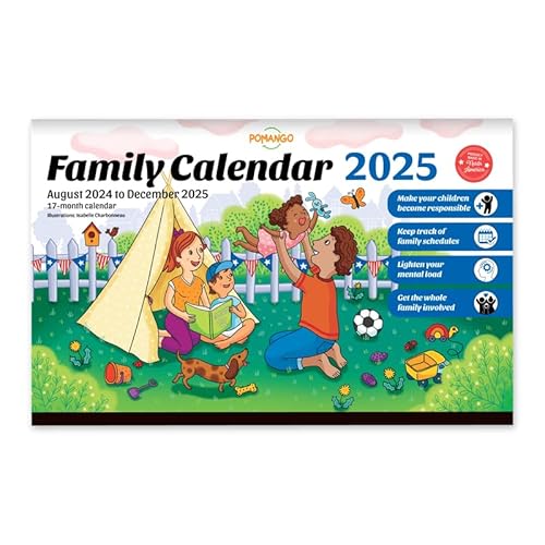 POMANGO Familienkalender 2025 – Englisch | 17 Monate Familienplaner: August 2024 bis Dezember 2025 | 38,1 x 24,1 cm – Magnetstreifen – 600 Aufkleber – Notizblock – Ausgabe 2024–2025 von Pomango