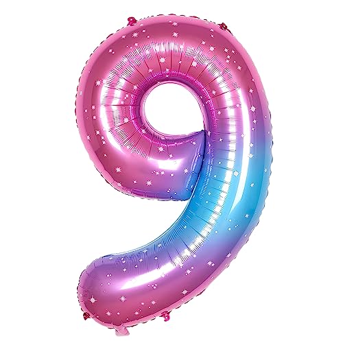 Ponmoo 40 Zoll Foil Luftballon Zahl 9 Rosa-Blau (101cm), Aufblasbares Helium oder Luft, Riesige Folienballons Nummer 0-100, Große Ballones für Hochzeitstag und Geburtstag Party Dekoration von Ponmoo