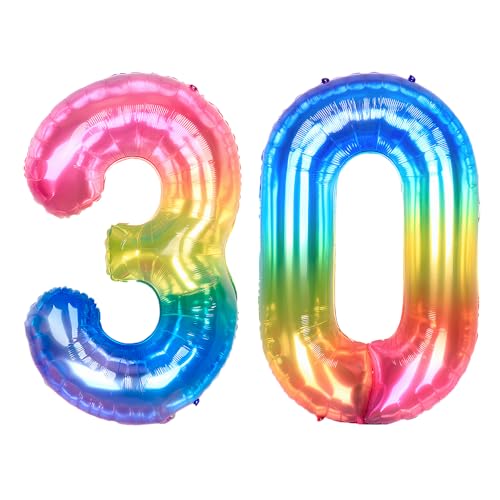 Ponmoo 40 Zoll Foil Luftballon Zahlen 30 Neon Regenbogen (101cm), Helium oder Luft, Riesige Folienballons Nummer 0-100, Große Ballons für Hochzeitstag und Geburtstagsparty Ballon Dekoration von Ponmoo