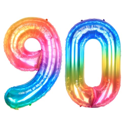 Ponmoo 40 Zoll Foil Luftballon Zahlen 90 Neon Regenbogen (101cm), Helium oder Luft, Riesige Folienballons Nummer 0-100, Große Ballons für Hochzeitstag und Geburtstagsparty Ballon Dekoration von Ponmoo