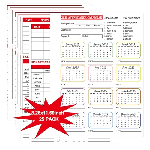 25 Blatt 2025 Anwesenheitskalender Arbeitstracker Anwesenheitskalender Karten 21,6 x 29,6 cm – Mitarbeiterarbeits-Tracker 2025 Anwesenheitsblätter für 3-Loch-Binder Mitarbeiterregisterordner (rot) von Pop Resin