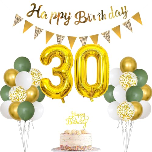 30 Salbeigrün Geburtstag Dekorationen für Frauen Männer, Happy Birthday Banner Cake Topper Zahl 30 Folienballon Salbeigrün Weiß Gold Konfetti Ballon für 30 Geburtstag Feiern Party Dekoration von PopularLdo