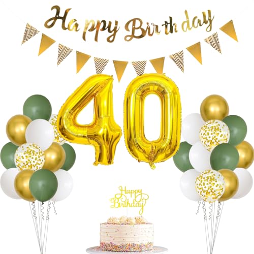 40 Salbeigrün Geburtstagsdekorationen für Frauen Männer, Happy Birthday Banner Cake Topper Zahl 40 Folienballon Salbeigrün Weiß Gold Konfetti Ballon für 40 Geburtstag Feiern Party Dekoration von PopularLdo