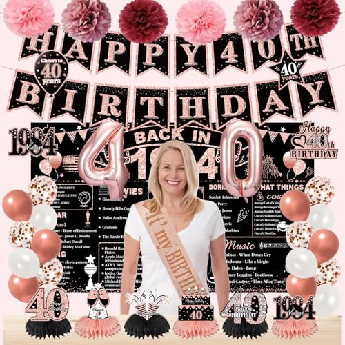 40. Geburtstag Dekorationen für Frauen, Rose Gold Back In 1984 Birthday Banner Dekorationen, Happy 40th Birthday Banner Wabenaufsätze Kuchen Topper Luftballons Schärpe Party Dekorationen von PopularLdo