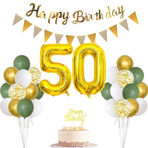 50 Salbeigrün Geburtstag Dekorationen für Frauen Männer, Happy Birthday Banner Cake Topper Zahl 50 Folienballon Salbeigrün Weiß Gold Konfetti Ballon für 50 Geburtstag Feiern Party Dekoration von PopularLdo