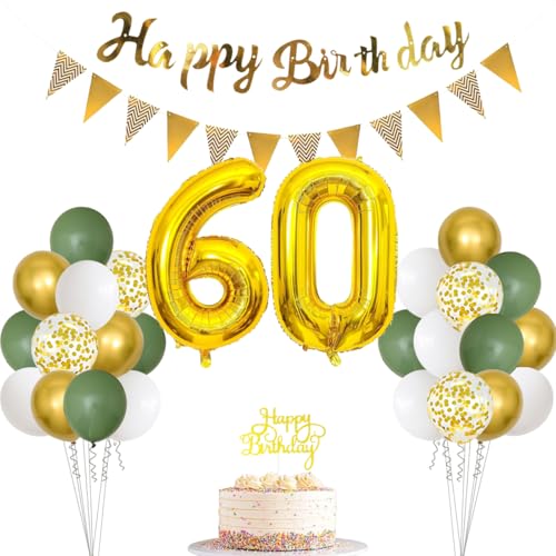 60 Salbeigrün Geburtstag Dekorationen für Frauen Männer, Happy Birthday Banner Cake Topper Zahl 60 Folienballon, Salbeigrün Weiß Gold Konfetti Ballon für 60 Geburtstag Feiern Party Dekoration von PopularLdo