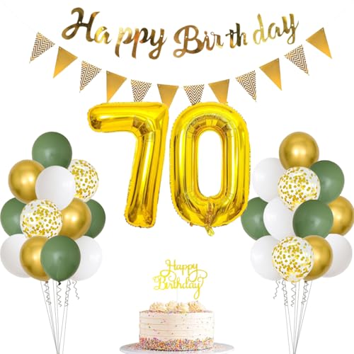 70 Salbeigrün Geburtstag Dekorationen für Frauen Männer, Happy Birthday Banner Cake Topper Zahl 70 Folienballon Salbeigrün Weiß Gold Konfetti Ballon für 70 Geburtstag Feiern Party Dekoration von PopularLdo