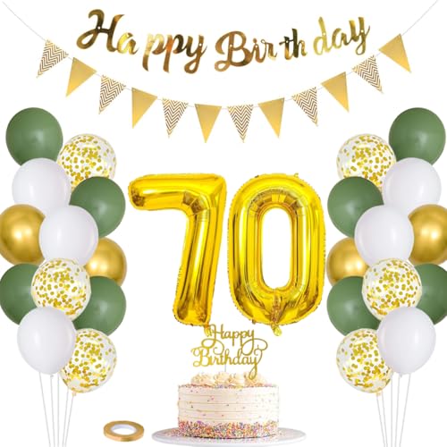 70th Birthday Decorations for Women Men, Happy Birthday Banner, Cake Topper, Number 70 Foil Balloon, Sage Green White Gold Confetti Balloons for 70th Birthday Decorations von PopularLdo