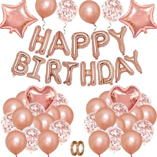 Rose Gold Geburtstag Party Dekorationen, Happy Birthday Banner Latex Party Konfetti Rose Gold Stern Herz Folienballons für Mädchen Frauen Geburtstag Party Supplies Dekoration von PopularLdo