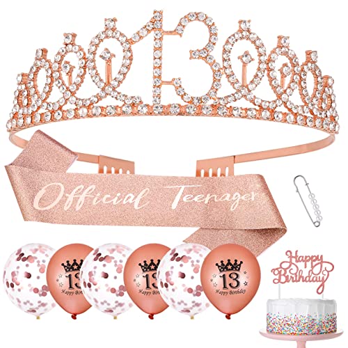 Popuppe 13. Geburtstag Schärpe und Geburtstagskrone,Official Teenager Schärpe Kristall Tiara Krone,Geburtstag Cupcake Topper Konfetti Luftballons Zum 13.Geburtstag Geschenke Mädchen Deko( Rose Gold) von Popuppe