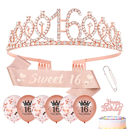 Popuppe 16. Geburtstagskrone und Geburtstag Schärpe,Sweet 16 Geburtstag Schärpe Tiara Krone,Geburtstag Cupcake Topper Konfetti Luftballons für 16. Geburtstag Geschenke Mädchen Deko von Popuppe