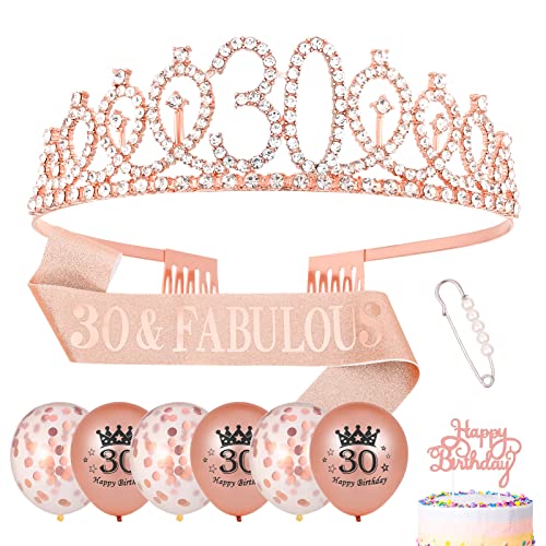 Popuppe 30. Geburtstag Schärpe und Geburtstagskrone,Rose Gold Geburtstag Schärpe Tiara Krone,Geburtstag Cupcake Topper Konfetti Luftballons Zum 30. Geburtstag Geschenke Frauen Deko von Popuppe