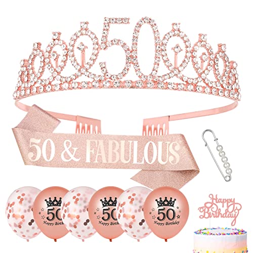 Popuppe 50. Geburtstag Schärpe und Krone,Geburtstag Schärpe Geburtstagskrone Kristall Tiara,Geburtstag Cupcake Topper Konfetti Luftballons für 50.Geburtstag Frauen Deko von Popuppe