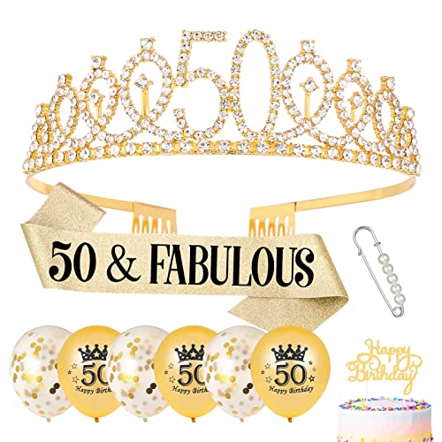 Popuppe 50.Geburtstag Schärpe und Geburtstagskrone,Geburtstag Schärpe Tiara Krone,Geburtstag Cupcake Topper Konfetti Luftballons für 50.Geburtstag Frauen Deko (Gold) von Popuppe