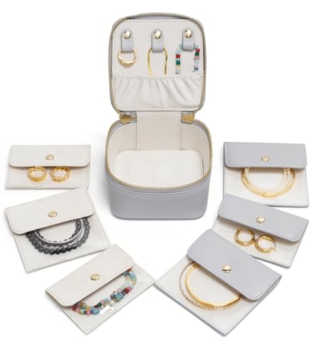 Popvibe Kleines Schmuck-Reiseetui für Damen, Mini-Schmuckschatulle, Organizer für Reisen, mit 6 Schmuckbeuteln, kleine Schmucktaschen, Leder-Reisegröße, Schmuck-Organizer-Tasche für Ohrringe, von Popvibe