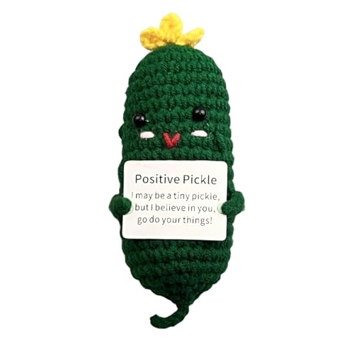 Porceosy Garn Strickpuppe, emotionale Unterstützung, lustiges Ornament, handgefertigt, lustig, positiv, Gemüse, Mini-lächelnde grüne Gurke, handgewebte Puppe mit positiver Karte, Wolldekoration, von Porceosy