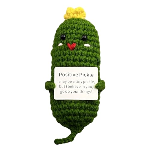 Porceosy Garn Strickpuppe, emotionale Unterstützung, lustiges Ornament, handgefertigt, lustig, positiv, Gemüse, Mini-lächelnde grüne Gurke, handgewebte Puppe mit positiver Karte, Wolldekoration, von Porceosy