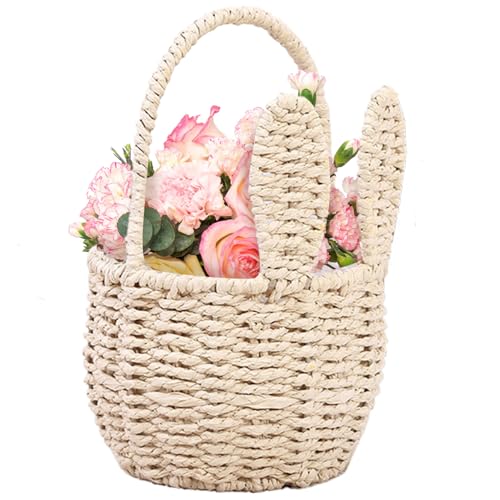 Gewebter Korb süßer Hasenkorb mit Griff Wicker gewebten Aufbewahrungskorb mit Hasenohren rustikaler Blumenmädchenkorb für Hochzeit Picknickparty bevorzugt Geschenke Süßigkeiten Früchte Style2 von Porgeel