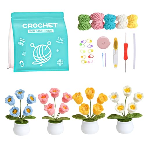 Porgeel Häkelstarter -Kit 4 Farben Lilie des Valley Crochet Anfänger Kit DIY Häkelhandwerkskit mit Anweisungen Garne Zubehör Weihnachts Geburtstage Geschenk von Porgeel