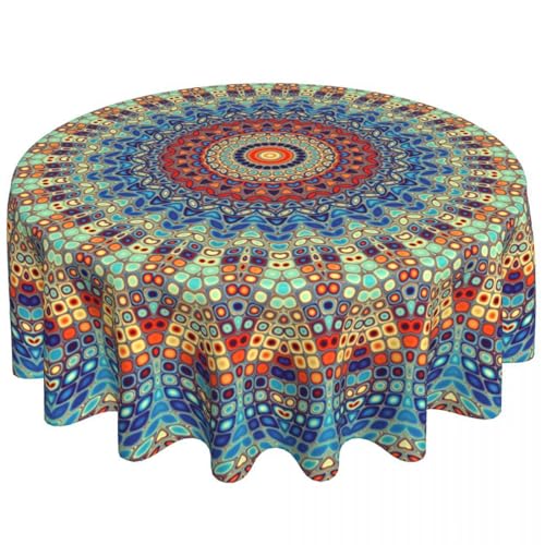 Runde Tischtuch 60 Zoll Mandala Bohemian Tischdecke wasserdichte Falten KOSTENLOSEN Outdoor -Esstischabdeckung für Innenrestaurant oder Außenterrasse von Porgeel