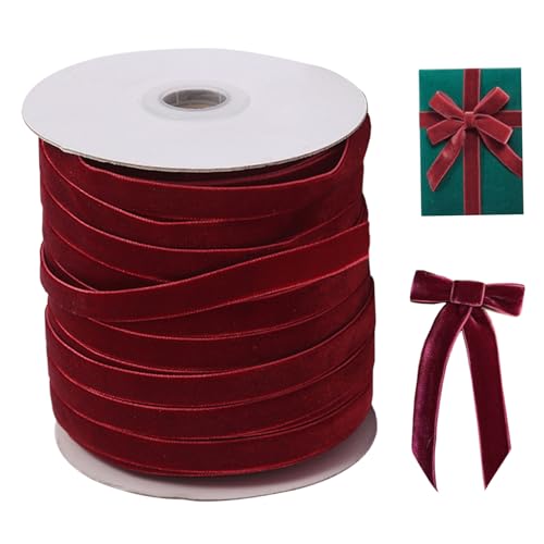 Samtband, 50 Meter langes Samtband, 3/8 '' breites einseitiges Samt -Weihnachtsband mit Spulen, Samtband für Schleifen, die Geschenkverpackung Wein rot machen von Porgeel