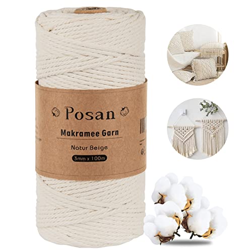 Posan Makramee Garn 3mm x 100m, Natur Baumwollgarn ohne Chemie, Macrame Cord für DIY Handwerk Basteln Wandbehang Blumenampel Pflanze Aufhänger Stricken (Beige) von Posan