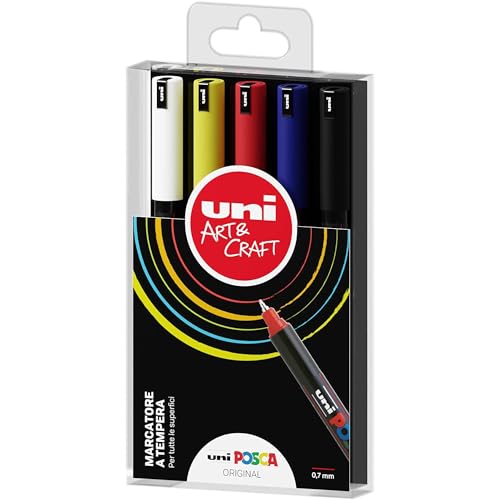 Posca - Uniposca Komplett-Set mit 5 Filzstiften, extra feine Spitze, 0,7 mm, Acrylfarben, ideal als Farben für Kinder und Künstler, Schreibwaren, Stofffarben und andere Oberflächen - von OSAMA