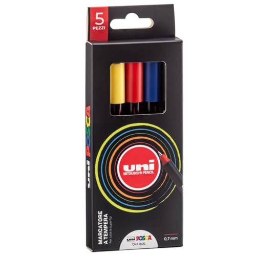 Posca - Uniposca Komplett-Set mit 5 Filzstiften, extra feine Spitze, 0,7 mm, Acrylfarben, ideal als Farben für Kinder und Künstler, Schreibwaren, Stofffarben und andere Oberflächen - von OSAMA