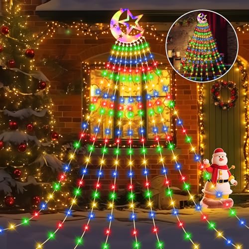 LED Wasserfall Lichterkette Stern Christmas 3.5M 9 Stränge 346LEDs Weihnachtsbaum Lichterkette mit Topper Stern 8 Modi Wasserdichte Lichterkette für Weihnachtsbaum Weihnachtsdeko Außen Innen Party von Possily